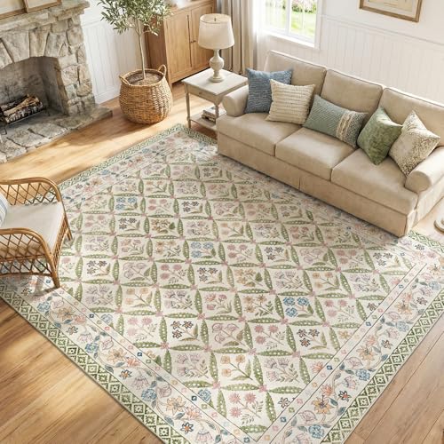Jinchan 8x10 Sage Green Vintage Floral Washable Area Rug - Large Living Room Carpet