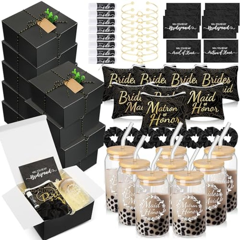 72 Pcs Bridesmaid Proposal Gifts, Will You Be My Bridesmaid, Bride Maid and Matron of Honor Gifts Include Gift Box Glass Cup Makeup Bag Cards Lip Balm Hair Scrunchie Bracelet(Black)