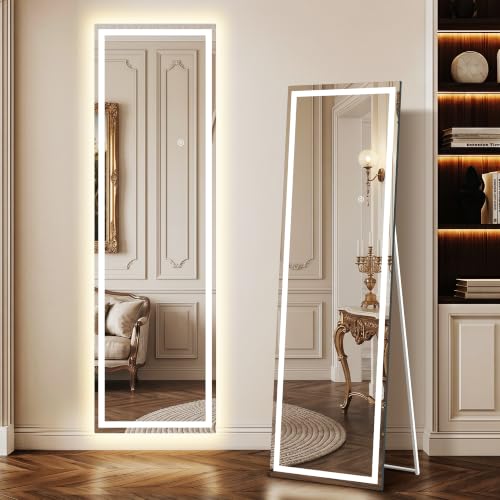 White LED Full Length Mirror 56x16 Inches with Lights, Dimmable & 3 Color Modes - Standing, Leaning, Wall Mountable Vanity Mirror