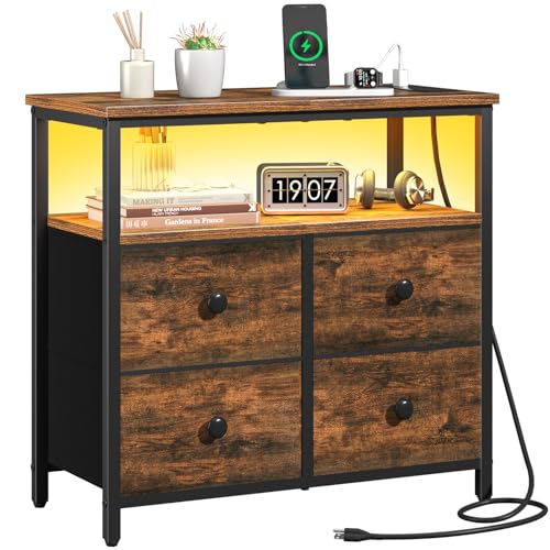 Yoobure Rustic Brown Nightstand with Charging Station & LED Light, 4 Drawers