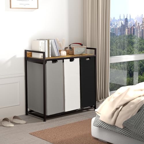 Laundry Hamper with 3 Removable Bags and Shelf - Rustic Brown, 60L Capacity, Movable Wheels - 3 Bag Set
