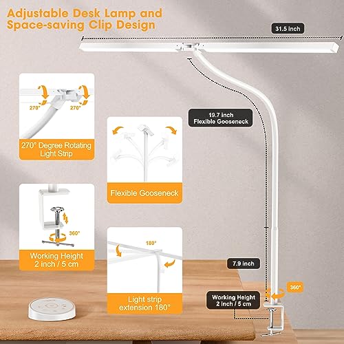 Pzloz White LED Desk Lamp with Clamp - Eye-Caring Adjustable Office Light