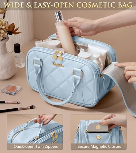 Travel Makeup Bag Large Capacity Quilted Cosmetic Organizer - Blue