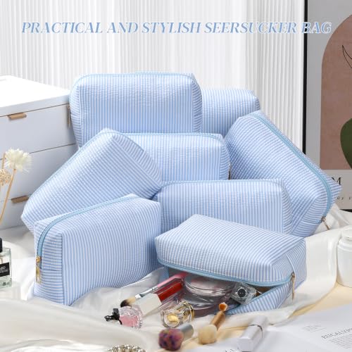 Sanwuta Light Blue 36 Pcs Seersucker Cosmetic Bags Bulk with Zippered Stripes