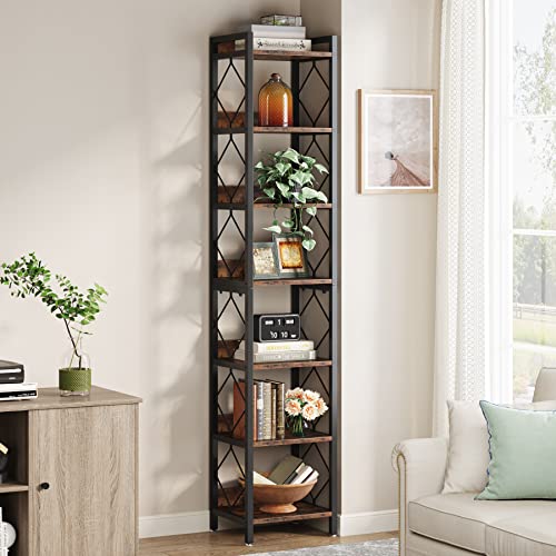 Tall Narrow Bookshelf 78.7 Inch - Rustic Brown, Space-Saving Corner Bookcase
