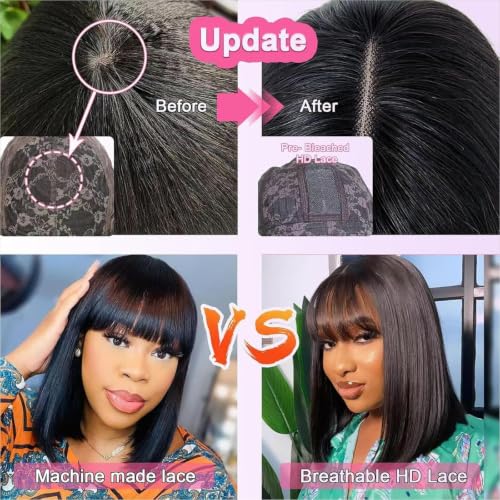 Black 10-Inch Human Hair Bob Wig with Bangs, Glueless Lace Cap, Straight Style - Variation of This Listing