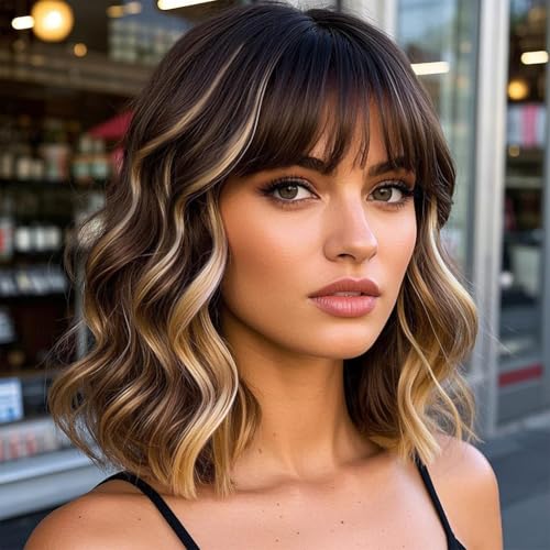 Veally Blonde Highlight Bob Wig with Bangs - Short Brown and Blonde, Natural Look, Synthetic Heat-Resistant Fiber, Variation: Brown Mixed Blonde