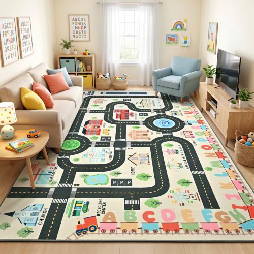 Kids Play Rug 6x9 ft Road Car Track Playmat - Non Slip Washable Toddler Carpet - White Variation