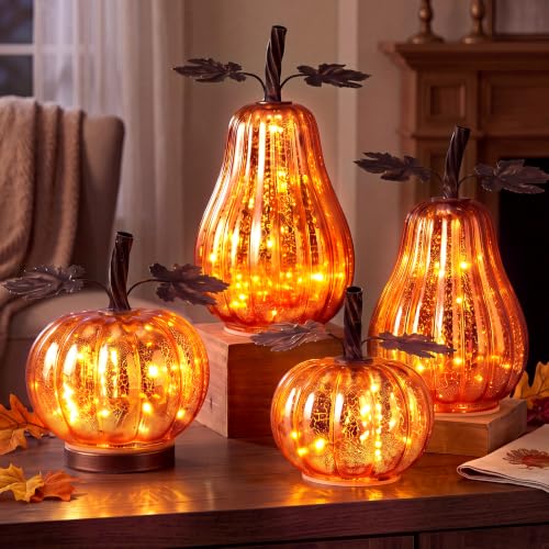 Lighted Glass Pumpkin Decor Set - Fall Thanksgiving Halloween Orange 4 Pcs