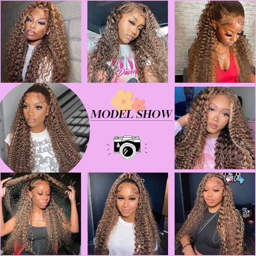 Honey Blonde Highlight Lace Front Human Hair Wig 18 Inch Deep Wave 13x6 - Vari of 18 Inch / 4/27 Highlight