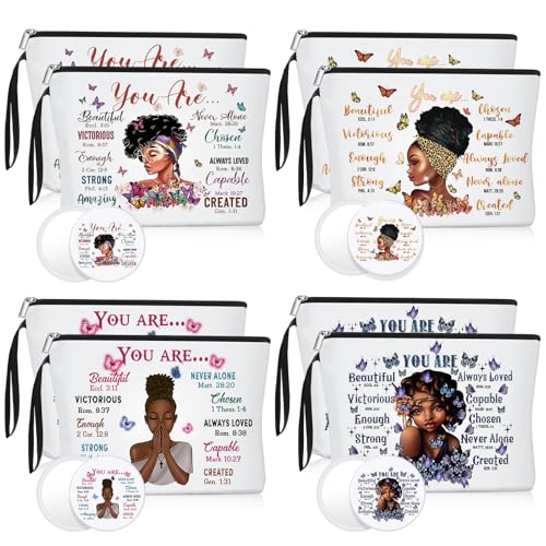 Roowest 20 Pcs Black Women Gifts Bulk Makeup Bag with Inspirational Compact Mirrors, Funny Small Travel Cosmetic Gifts for Womens Day Black Women