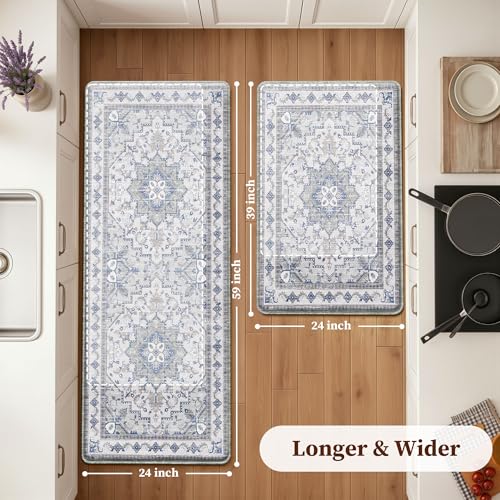 Tubeamin Blue Grey 2-Piece Boho Kitchen Mat Set 23.6x39 + 23.6x59 Inches Anti-Fatigue Waterproof Non-Slip Floor Rugs