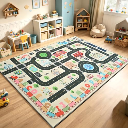 Kids Play Rug 6x9 ft Road Car Track Playmat - Non Slip Washable Toddler Carpet - White Variation