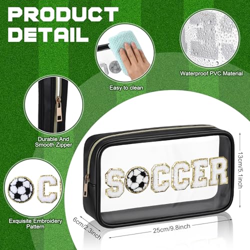 Reallnaive 6 Pcs Soccer Clear Makeup Bags with Chenille Patch - Black, Waterproof, Portable