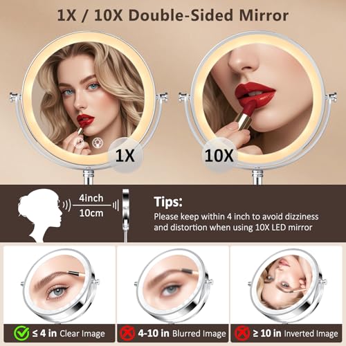 Chrome-Crystal Lighted Makeup Mirror 4000mAh Rechargeable Double Sided 1x/10x with Dimming