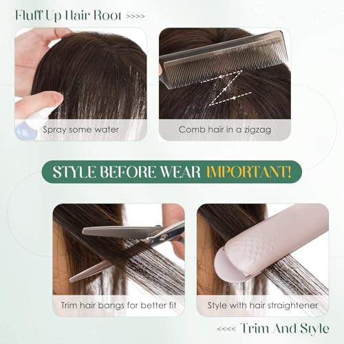 Dark Brown Human Hair Topper with Bangs - 11 Inch Clip-In Hairpiece for Thinning Hair, Side Bang Style