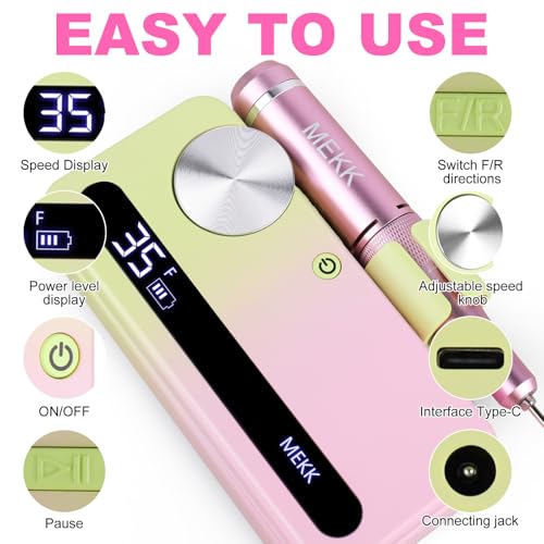 Pink-Green MEKK Professional Cordless Nail Drill 35000RPM E-File for Acrylic Gel Nails