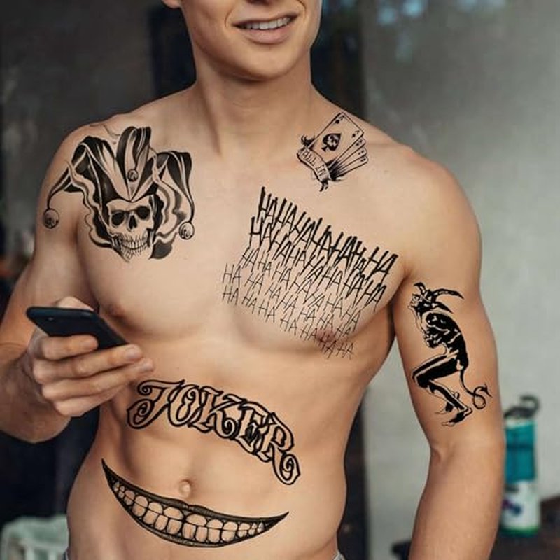 5 Sheets Joker Tattoos Stickers, Hand Damaged Joker Face Tattoos For Women Men Adults, 3D Fake Halloween Temporary Tattoos Makeup Kit Set Clown Inmate Prison Scary Halloween Makeup Accessory Costume