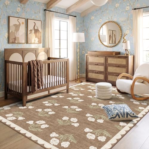 Boho Tan 6x9 Living Room Rug - Washable Floral Farmhouse Area Rug with Non-Slip Backing