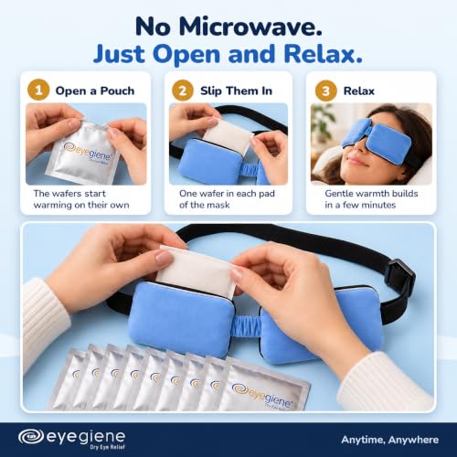 EyeGiene Insta-Warmth Eye Mask with 10 Pairs of Warming Wafers - Soothing Reusable Heating Mask & Adjustable Fit (Mask & 10 Pair)