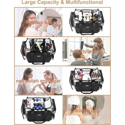 Relavel Clear Makeup Bag with 4 Small Pouches, Extra Large Makeup Artist Kit Set, Cosmetic Storage Organizer Transparent Tote Beach Toiletry Bag with Adjustable Dividers & Shoulder Strap