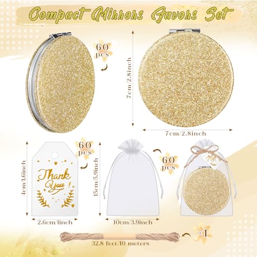 60 Champagne Compact Magnifying Mirrors Gift Set with Thank You Cards & Rope - Bridal & Wedding Party Favors