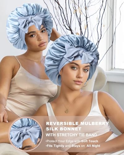 3 Pack Reversible Mulberry Silk Sleep Bonnet for Women - Blue