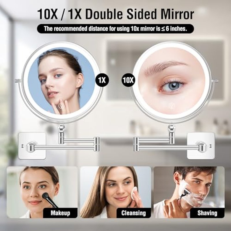 10x Large Wall Mounted Makeup Mirrror, Height Adjustable Lighted Mirror, 8" Double Sided Mirror, 1X/10X Magnifying Bathroom Mirror, 360¡Æ Rotation Adjustable, Detachable Ring, 3 Color Lights