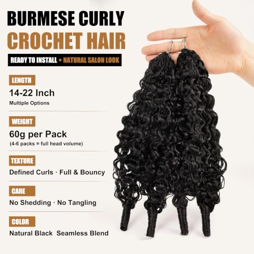 16 Inch Burmese Curly Feather Crochet Hair - Natural Black, Reusable, Lightweight, 60g #1B