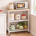 White 3-Tier Rolling Kitchen Cart with Lockable Wheels & 6 Hooks