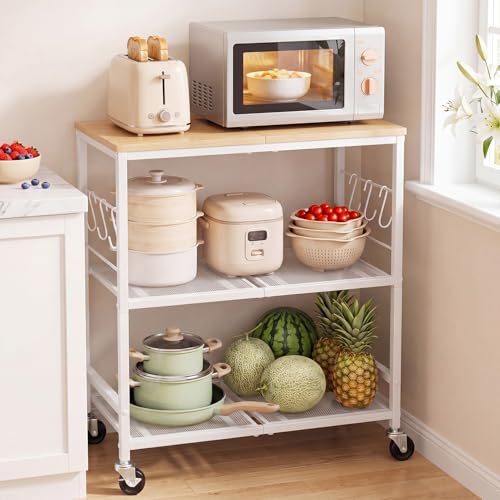 White 3-Tier Rolling Kitchen Cart with Lockable Wheels & 6 Hooks