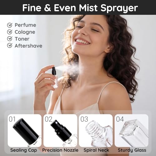Segbeauty 40pcs 0.17oz Bulk Glass Atomizer Sprayer for Perfume, Mini Empty Travel Perfume Bottle Refillable with Black Cap, 5ml Small Fine Mist Glass Travel Cologne Atomizer for Men with Decanter Kit