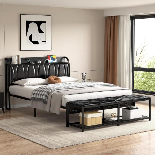 VECELO Full Size Platform Bed Frame with Upholstered Headboard & Storage Bench, Black