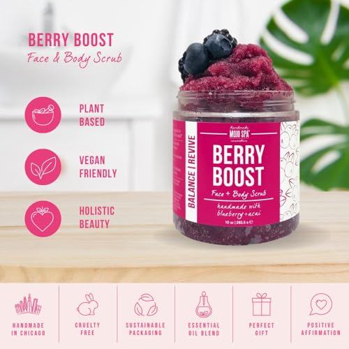 Mojo Spa Berry Boost Superfood Face & Body Scrub | Fruity, Berry Scent | Detoxifying Sugar Based Exfoliator | 10 oz