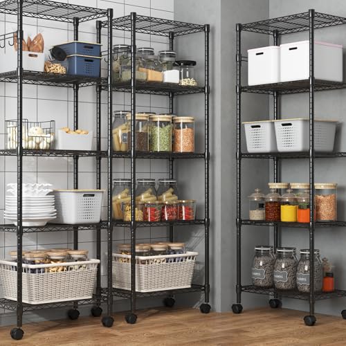 5-Tier Wire Shelving Unit on Wheels - Adjustable Metal Storage Rack, Black, 23.23 x 13.78 x 72.05 inches