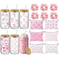 18 Pcs Pink Bow Glass Cups with Lids Coquette Bow Cosmetic Makeup Bag Pink Hair Scrunchies Ties for Women Birthday Wedding Gift Bridesmaid Bridal Valentines Christmas
