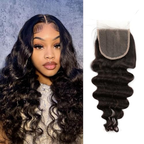 Remy Human Hair Lace Closure 4x4 Deep Wave Free Part 12-Inch Natural Black