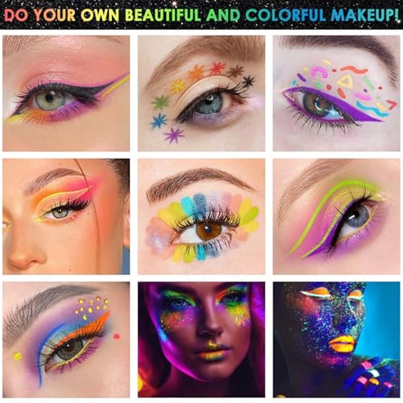 Glow in The Dark Glitter Gel with UV Neon Liquid Eyeliner Pen Set for Body Face Hair Eye, Makeup Kit for Rave Accessories Party Halloween Anime Cosplay Concerts Festival Carnival Face Paint