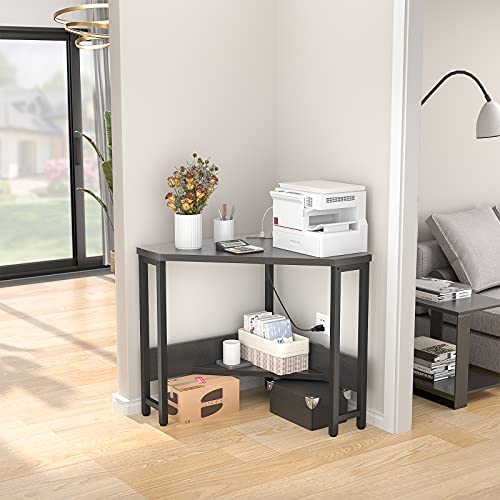 Black Corner Desk with Outlets and USB Ports - Small Space Triangle Table with Storage