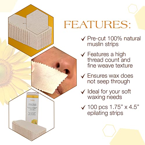 GiGi Waxing Strips for Hair Waxing/Hair Removal, Small Natural Muslin, 100 Epilating Strips