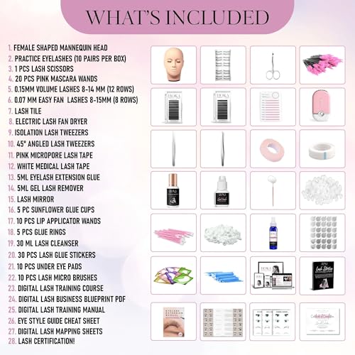 Hoka Lash Eyelash Extension Kit & Training Course and Certification, Professional Lash Extension Kit for Beginners Includes Practice Mannequin Head, Lash Trays, Glue, Tweezers, Fan & More