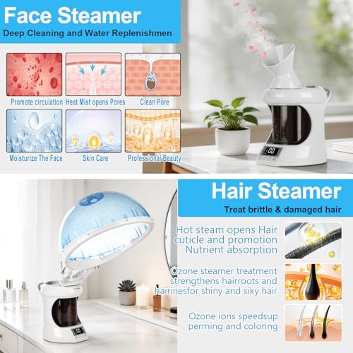 2-in-1 Hair and Facial Steamer with Ozone Nano Mist for Home & Salon Use