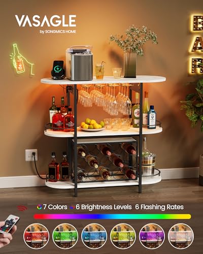 Rustic White LED Coffee Bar Cabinet with Power Outlets and Removable Wine Rack - 14.2 x 39.4 x 36 inches