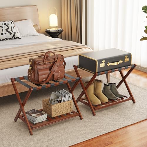 BAMBOOHOMIE 2 Pack Bamboo Luggage Rack with Storage Shelf - Brown