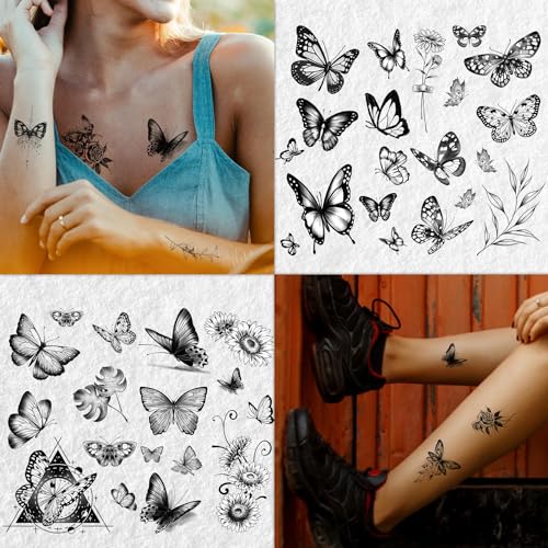 Cerlaza 20 Sheets Black Butterfly Temporary Tattoos for Adult Women, 120 Styles Small Butterflies Fake Tattoo Waterproof Long Lasting, Semi Permanent Tattoos Temporary Realistic for Girls Kids