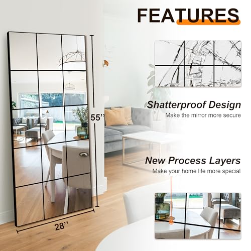 Delma Full Length Window Pane Wall Mirror 28x55 Inch Black - Seamless Grid Design