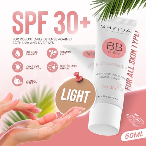 Sheida BB Cream with SPF 30+, Hydrating Daily Tinted Day Cream, Natural Finish, Buildable Light Coverage, 24h Moisture, Vitamin C & E for Even Skin Tone and Radiant Look ? 50 ml (Light)