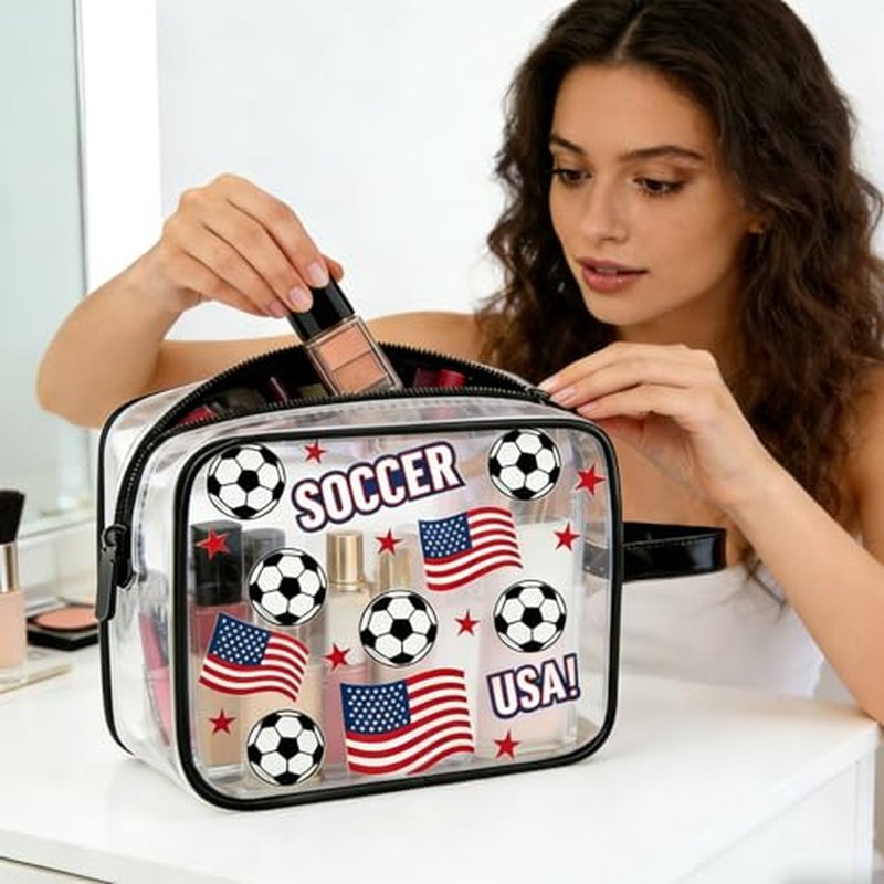 12 Pcs Soccer Goodie Bags, Clear PVC Snack and Soccer Makeup Bags with Printed USA Flag, Waterproof Zipper Pouches, Ideal for Game Day, Team Gifts & Party Favors