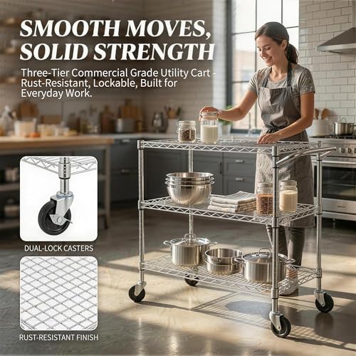 Finnhomy Chrome 3-Tier Heavy Duty Utility Cart 36"L x 24"W x 35.4"H, NSF