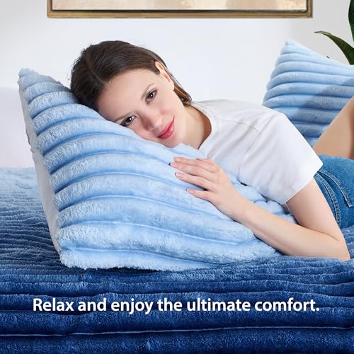 Queen Size Blue Ombre Ribbed Fluffy Comforter Set - Cozy Bed Bedding